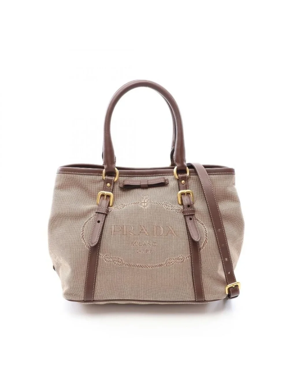 Prada Tote Bag Logo Jacquard 2-Way Beige Brown Canvas Leather Handle